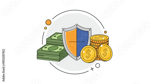 Golden coins and stacks of cash protected by a sturdy shield represent the concept of financial security and insurance.