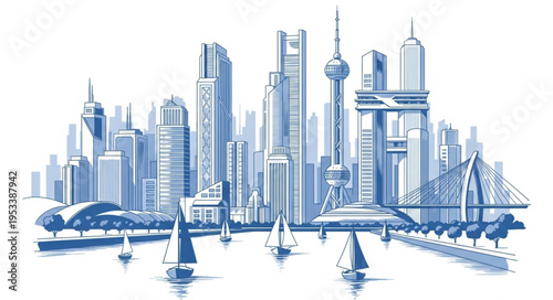Modern City Skyline with Sailboats on Water.