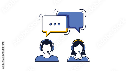 Male and female customer service agents with headsets and speech bubbles illustrate professional support and help.