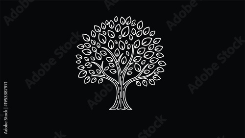 Stylized tree illustration with intricate white branches and leaves set against a solid black background for high contrast.