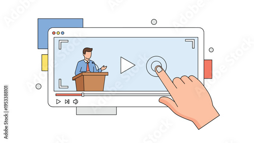 Digital learning concept featuring a hand interacting with a tablet screen playing a professional video presentation by a man at a podium.