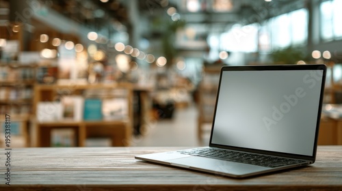 Laptop with blank screen on table in Modern library or bookstore interior with Learning and coworking space,relax zone,Library with rows of bookshelves,school or university,education concept.