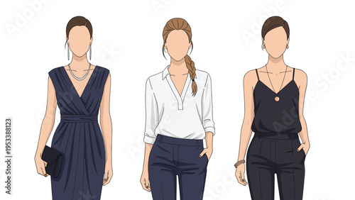 Three elegant fashion illustrations of women posing in stylish professional and evening wear including a cocktail dress, blouse, and camisole.