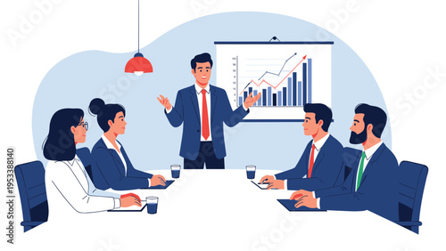 Professional man in a suit delivering a business presentation with a bar chart to a diverse group of colleagues seated around a meeting table.