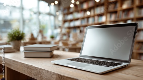 Laptop with blank screen on table in Modern library or bookstore interior with Learning and coworking space,relax zone,Library with rows of bookshelves,school or university,education concept.