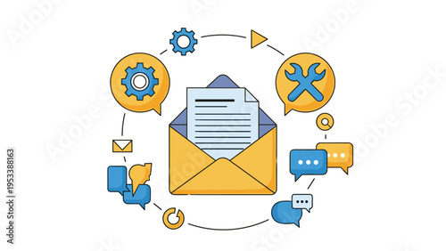 Digital communication concept showing an open envelope with a document surrounded by gears, wrenches, and colorful message bubbles in a circle.