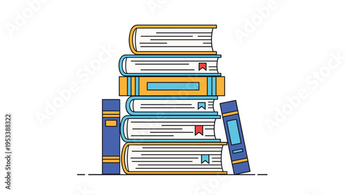 Neatly organized stack of colorful books with blue and yellow spines and various bookmarks against a clean white background for education theme.