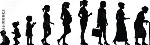 Female life stages silhouettes from baby to elderly woman, growth evolution concept, aging process, generations timeline, isolated on white background