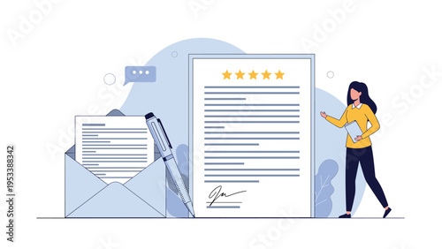 Woman in a yellow sweater standing next to a large five-star review document and an open envelope with a letter representing customer feedback.