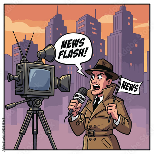 Reporter speaking in front of a camera illustration