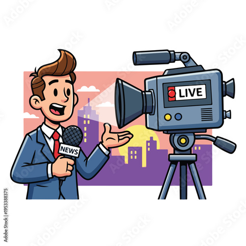 Reporter speaking in front of a camera illustration
