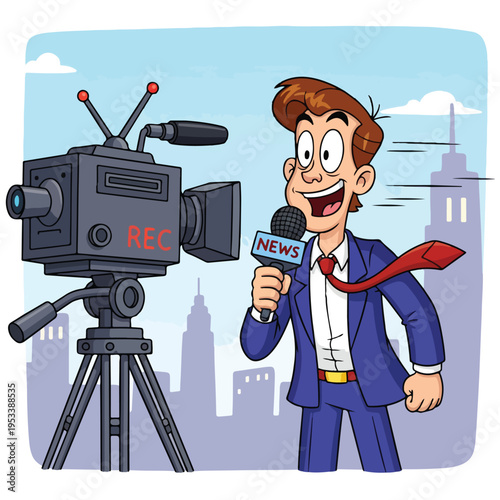 Reporter speaking in front of a camera illustration