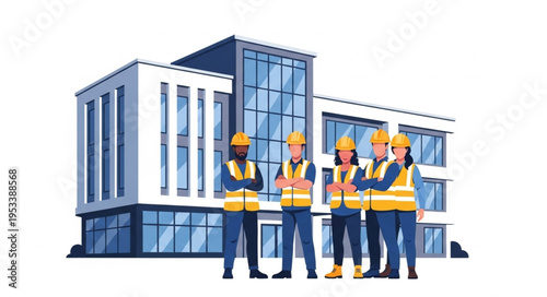 Construction workers standing in front of a modern building.