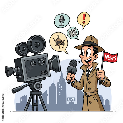 Reporter speaking in front of a camera illustration