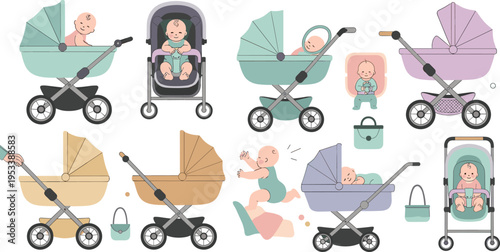Baby Stroller and Pram Collection Set with Cute Infants, Modern Carriages, Newborn Transport Illustrations for Parenting, Childcare, прогулки, and Family Lifestyle Designs.