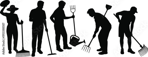 Garden workers silhouettes set with tools, farming and landscaping activity, rake shovel pitchfork watering can, outdoor labor, isolated on white background