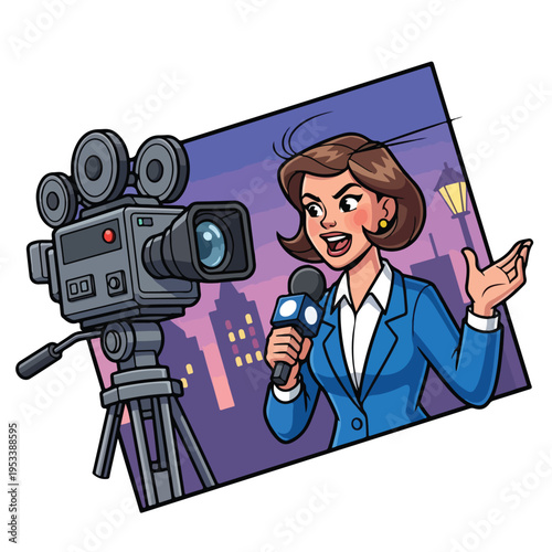 Reporter speaking in front of a camera illustration