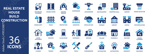 Set of 36 solid icons. part 4. Collection concept of house, home, real estate, building and construction. Vector