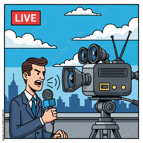 Reporter speaking in front of a camera illustration
