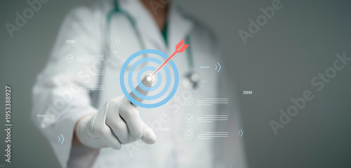 Bild auf Leinwand Doctor hand touching target goal interface with healthcare checklist and arrow a