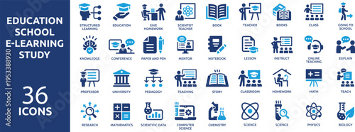 Set of 36 solid icons. part 3. collection concept of education, school, e-learning, study, teaching. Vector illustration.