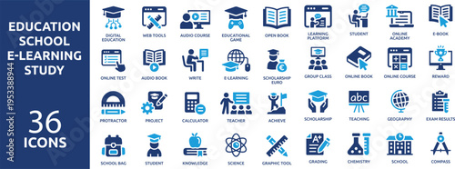 Set of 36 solid icons. part 2. collection concept of education, school, e-learning, study, teaching. Vector illustration.