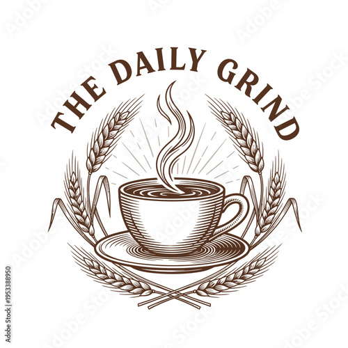 Coffee Logo with Daily Grind Text Wheat and Steaming Cup Illustration