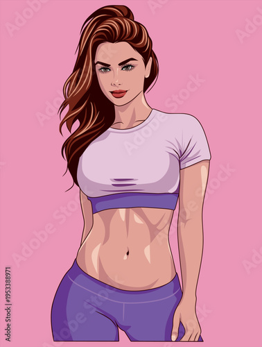 Attractive fit woman with defined abdominal muscles wearing athletic apparel and sporting a high ponytail against a solid bright pink background in this stylish illustration.
