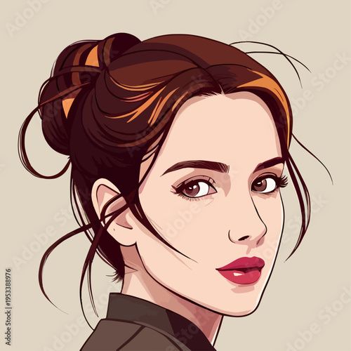 A captivating vector illustration of an elegant young woman with lustrous dark brown hair styled in a chic, slightly messy bun, her mesmerizing brown eyes thoughtfully gaze directly back at the viewer