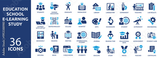 Set of 36 solid icons. part 4. collection concept of education, school, e-learning, study, teaching. Vector illustration.