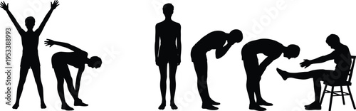 Silhouettes of a person performing stretching and exercise poses on white background fitness yoga