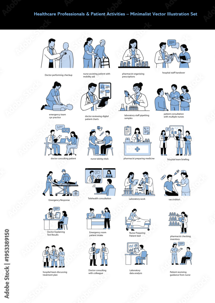 Fototapeta premium Healthcare Professionals & Patient Activities – Minimalist Vector Illustration Set