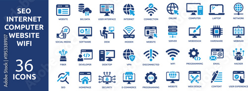 set of 36 solid icons. part 1. collection concept of internet, computer, SEO, website and Wifi. Vector illustration.