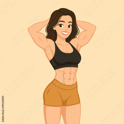 Strong and fit cartoon woman confidently displays her impressive abdominal muscles and well-defined physique, showcasing a healthy and athletic lifestyle with a radiant smile, inspiring dedication to 