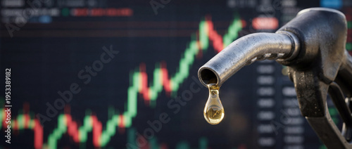 Worn gasoline petroleum fuel nozzle, soaring oil price graph of energy market surge crisis growth trends display in blurred dark background. Copy space