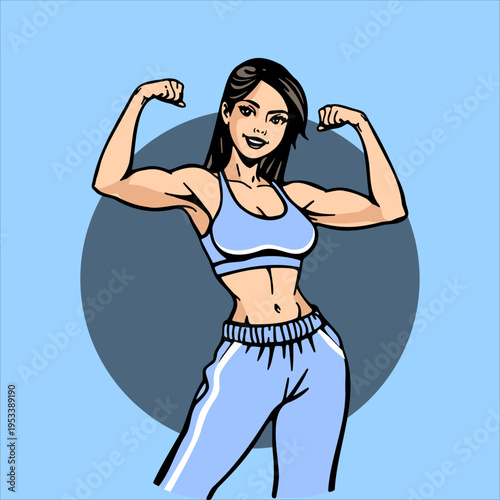 Athletic woman flexing her well-defined biceps muscles while wearing light blue sportswear and showcasing her dedication to physical fitness achievements in a stylized graphic illustration style.