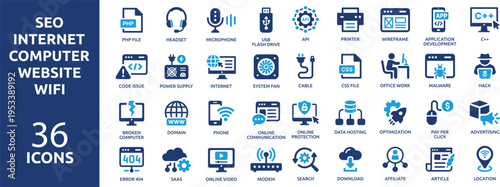 set of 36 solid icons. part 4. collection concept of internet, computer, SEO, website and Wifi. Vector illustration.