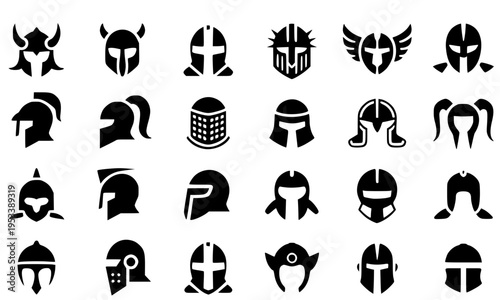 Collection of black silhouette knight and warrior helmet icons in various medieval styles on white background, perfect for gaming, heraldry, sports team logos, and armory design templates