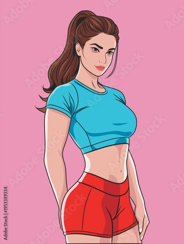 A striking pop art illustration features a confident and fit young woman, her long brown hair elegantly styled in a high ponytail, showcasing a vibrant and energetic presence while dressed in a fashin