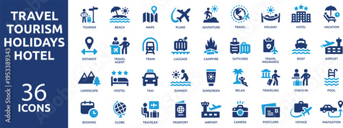 set of 36 solid icons. part 1. collection concept of Travel, Hotel, Holidays, Vacation and Tourism. Vector illustration.