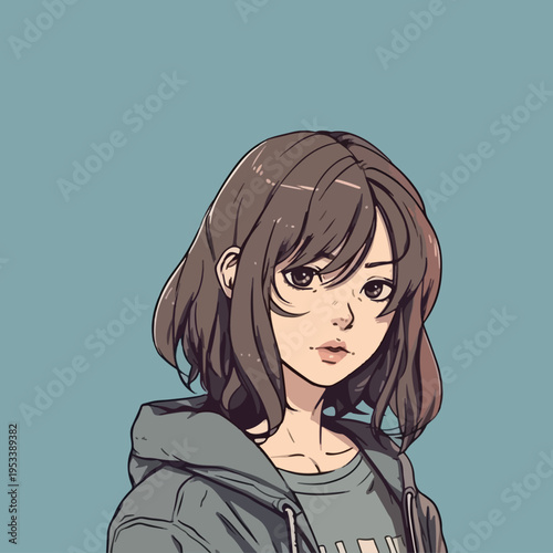 A captivating digital illustration showcases a young anime-style female character with expressive eyes and a calm, approachable demeanor, featuring shoulder-length brown hair and a casual grey hoodie,
