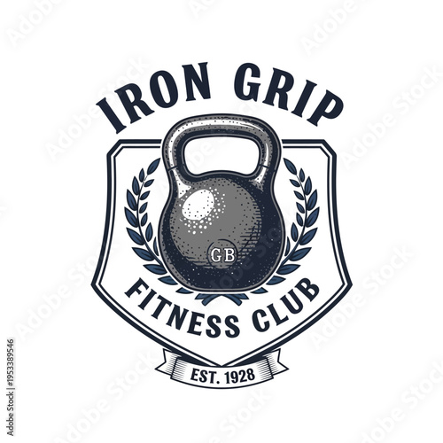 Fitness Club Emblem with Kettlebell and Retro Laurel Wreaths