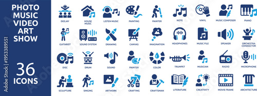set of 36 solid icons. part 2. collection concept of photo, music, video, art and show. Vector illustration.
