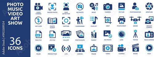 set of 36 solid icons. part 1. collection concept of photo, music, video, art and show. Vector illustration.