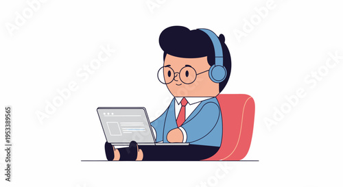 Cartoon man with headphones working on laptop in comfortable chair, coder