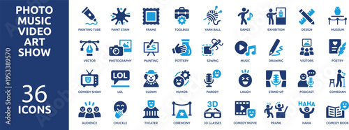 set of 36 solid icons. part 4. collection concept of photo, music, video, art and show. Vector illustration.
