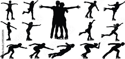Silhouettes of figure skaters performing various poses and jumps on ice skates figure skating collection