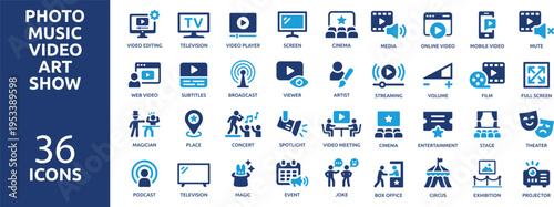 set of 36 solid icons. part 3. collection concept of photo, music, video, art and show. Vector illustration.