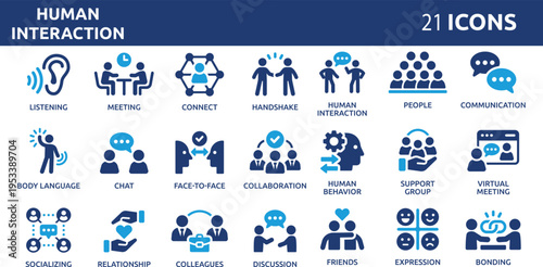 Human interaction 21 icon set. Communication, people, connection, friends, chat, bonding, socializing, group, relationship and more.