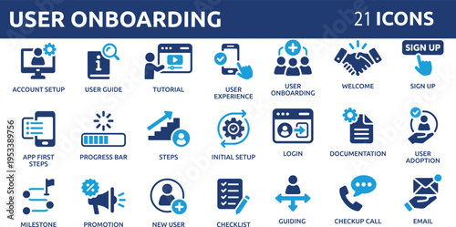 User onboarding solid 21 icon collection, welcome, sign up, user guide, tutorial, UX, login and more.